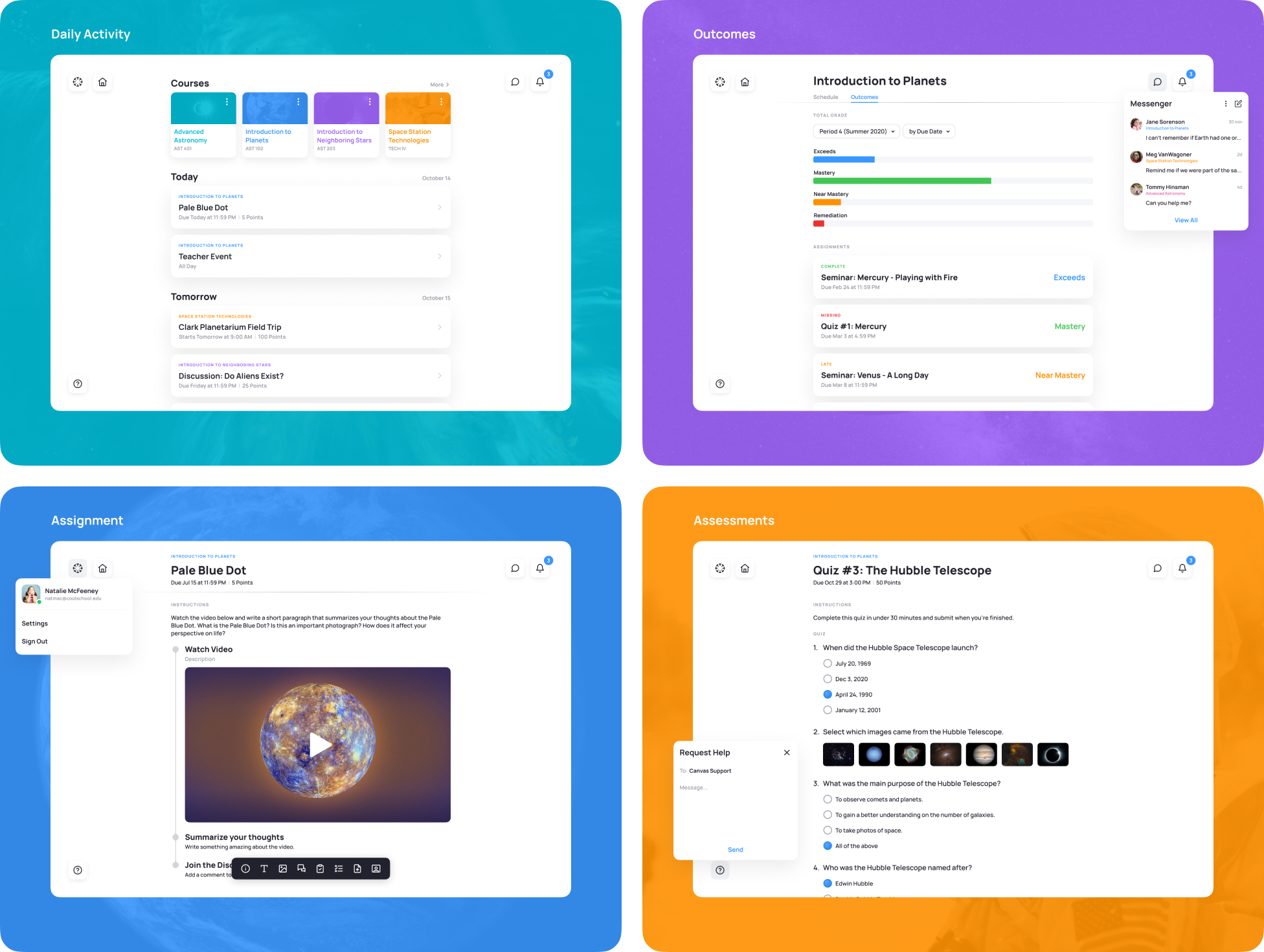 Four screenshots of the LMS Canvas application