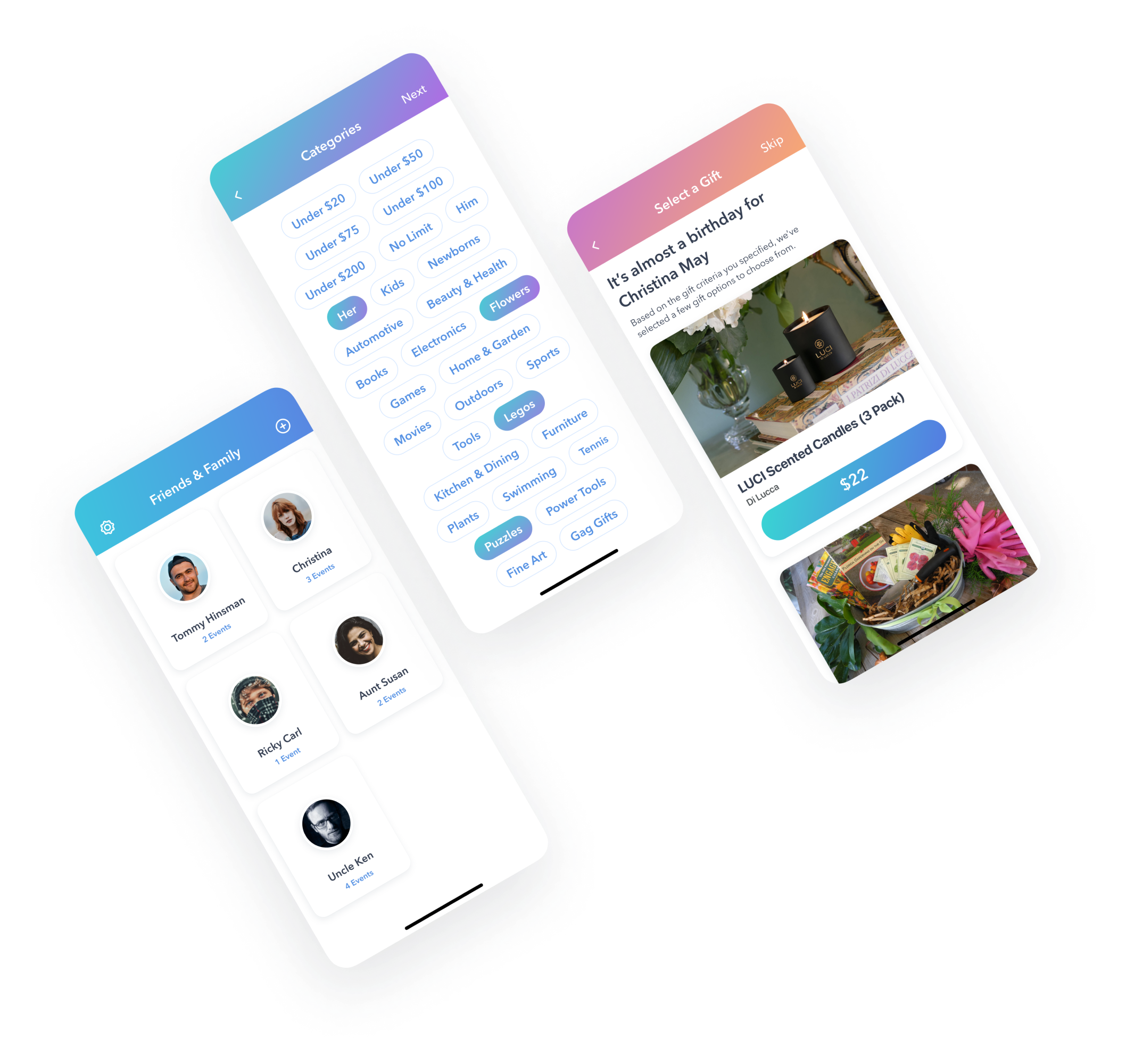 Three angled mocks for an iOS app about gifts